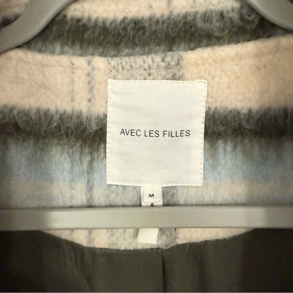 AVEC LES FILLES Brushed Oversize Longline Varsity Coat Cream Olive Plaid Size M - Picture 5 of 9